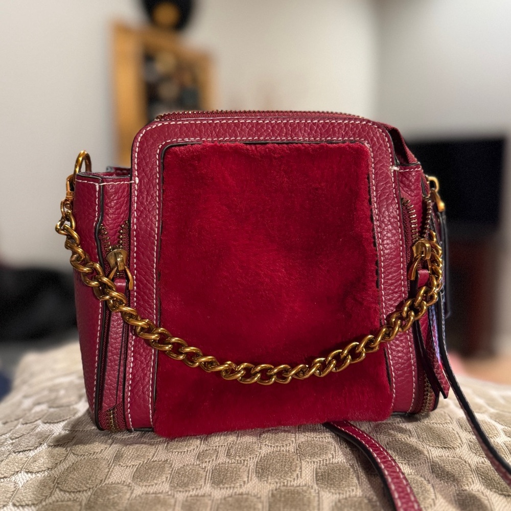 Belle & Bloom burgundy red leather fur crossbody bag purse